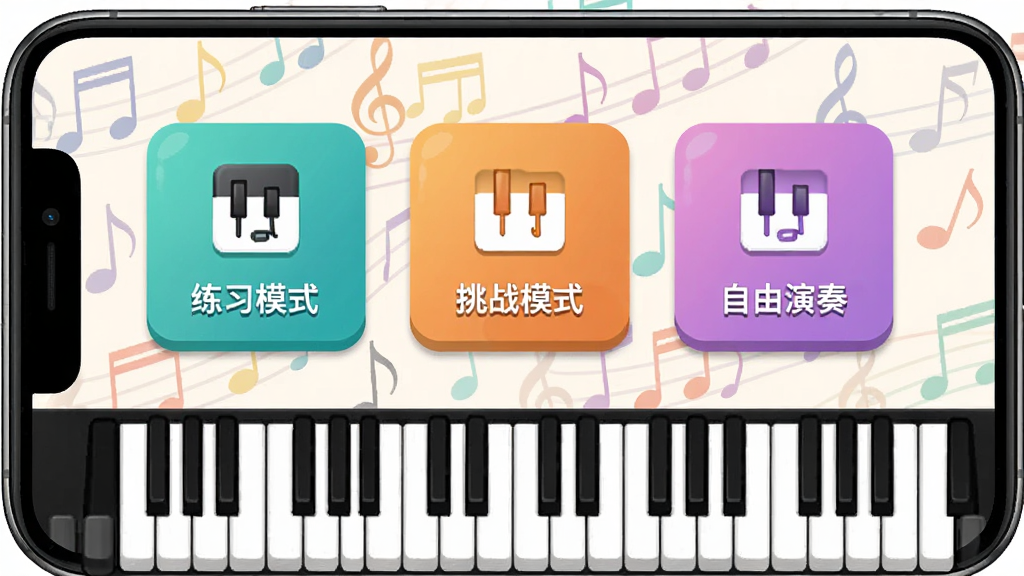 一张展示律动钢琴多种演奏模式选择界面的场景图,手机屏幕上有练习模式、挑战模式、自由演奏三个醒目的模式按钮,每个按钮配有不同的图标和色彩,界面底部有钢琴键盘装饰元素,整体设计活泼有趣,背景是淡雅的音符图案,画质高清,干净整洁
