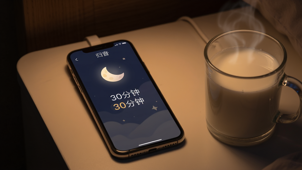 归音软件的睡眠定时与后台播放场景图。主体是夜晚床头柜上的手机,屏幕显示着月亮图标和倒计时数字。布局为手机特写。排版居中。风格为温馨暗色调。细节上手机旁边有一杯热牛奶。画质高清,干净,无多余元素。屏幕中文字显示“归音”和“30分钟”。