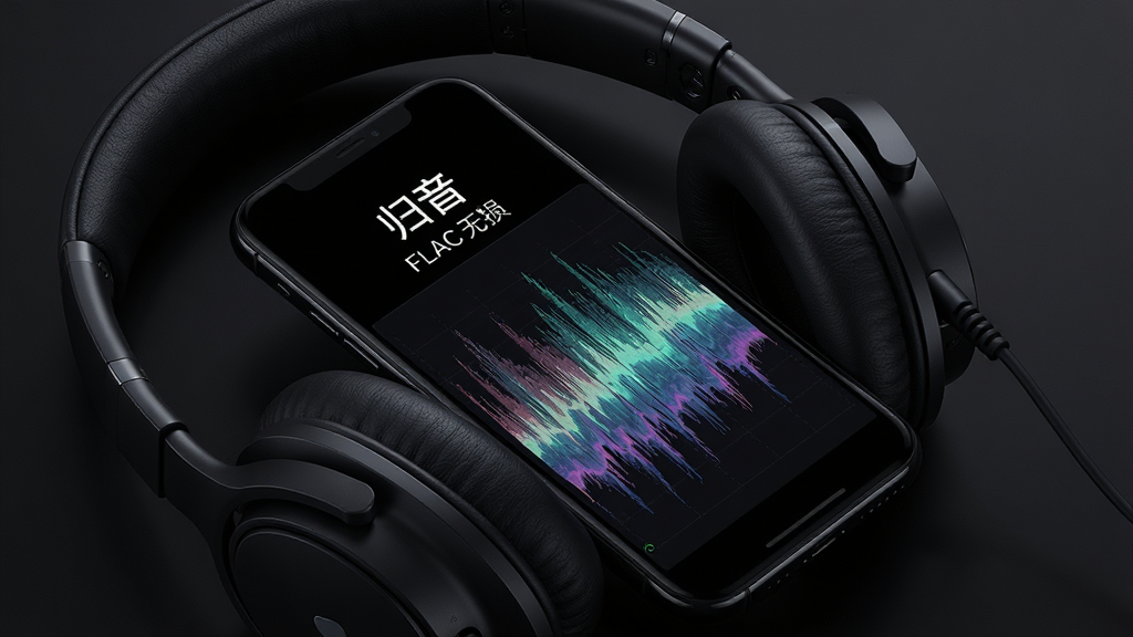 归音软件的无损音质解析功能展示图。主体是一副高保真耳机和手机,手机屏幕显示音频频谱跳动。布局为耳机环绕手机。排版采用对角线构图。风格为科技感暗色调。细节上强调频谱的细腻波形。画质高清,干净,无多余元素。屏幕中文字显示“归音”和“FLAC 无损”。