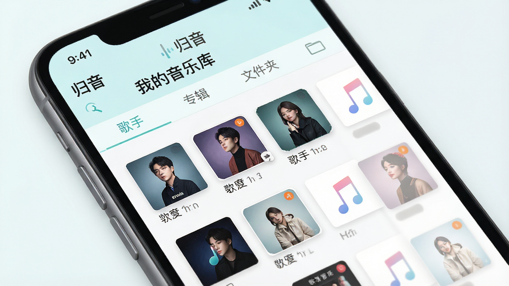 归音软件的智能本地管理界面生图。主体是手机屏幕,屏幕上显示着分类明确的音乐库,有“歌手”、“专辑”、“文件夹”标签页。布局为列表式排列。排版整洁。风格为清新浅色。细节上展示专辑封面缩略图。画质高清,干净,无多余元素。屏幕中文字显示“归音”和“我的音乐库”。