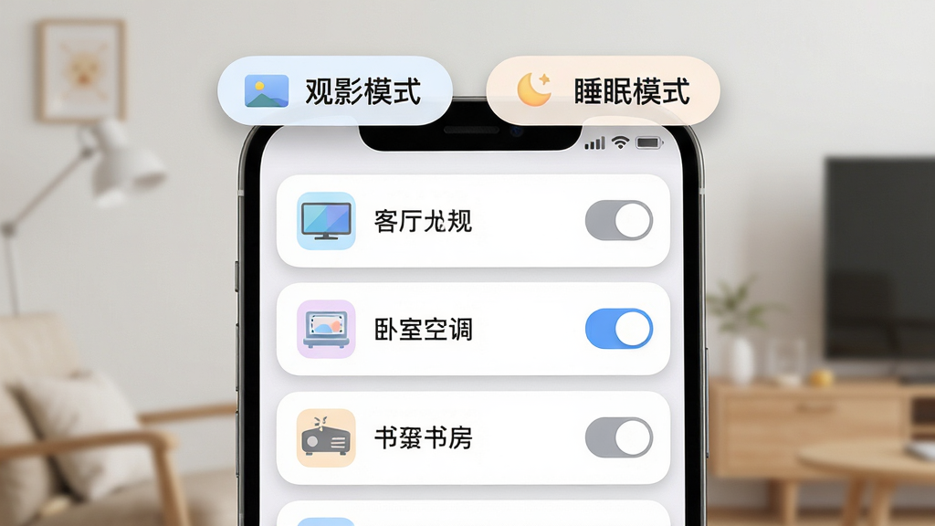 ��������ң�������豸��������չʾ���������ֻ���Ļ��ʾ�豸�б����б�������������ӡ����ҿյ����鷿ͶӰ�ǵ��������Ӧͼ�꣬ÿ���Ҳ��п��ذ�ť���ֻ��Ϸ�Ư���ż���������ǩ���Ӱģʽ��˯��ģʽ������Ϊ���½ṹ�����Ϊ���Բ�ǿ�Ƭ�磬ϸ���Ͽ�Ƭ����΢ͶӰ��ͼ��ɫ����ͣ����ʸ��壬�ɾ����޶���Ԫ��