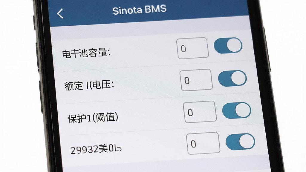 һ��չʾSinota BMS�������ý����ͼƬ������Ϊ�ֻ���Ļ��ʾ�����б�������������������ѹ��������ֵ��ѡ�ÿ��ѡ���Ҳ��������򿪹ذ�ť������Ϊ�����ֻ�����ҳ�����Ϊ��๤����UI��ϸ���������������㼶�����������������ɾ����޶���Ԫ��