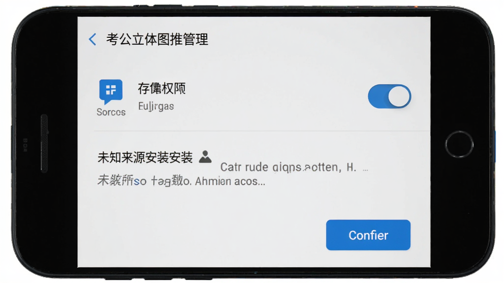 ��������ͼ�������ڰ�׿�ֻ��ϵİ�װȨ�����ý��棬����չʾӦ��Ȩ�޹���ҳ�棬�����洢Ȩ�޿�����δ֪��Դ��װ��ʾ������Ϊ�ֻ����ò˵�����Ű����������Ϊϵͳ���߽��棬ϸ�ڰ���Ȩ��ͼ����ȷ�ϰ�ť�����ʸ��壬�ɾ����޶���Ԫ��