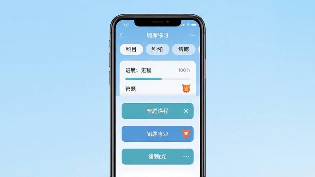 ��ѯ����ʦ�����ֻ�APP������չʾ������������һ�������ֻ�����Ļ��ʾ�����ϰ���棬�Ϸ��п�Ŀ�����ǩ���·��д���ѡ�ť������Ϊǳ��ɫ���䣬���ּ�����������Ϊ��ƽ��UI��ƣ�ϸ�ڰ�����������������ͼ�꣬���ʸ��壬�ɾ��޶���Ԫ��