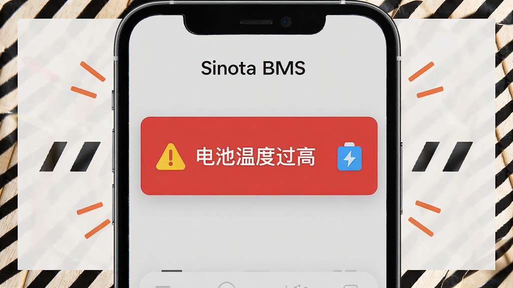 һ��չʾ Sinota BMS �澯��ʾ�����ͼƬ���ֻ���Ļ���뵯��һ����ɫ�澯��Ƭ������д�С�����¶ȹ��ߡ��������Ա��л�ɫ����ɫ״̬ͼ�꣬����Ϊǳ��ɫ���ֻ���Χ�м��ľ�ʾ����װ�Σ�������������Ŀ�����ʸɾ����޶���Ԫ��