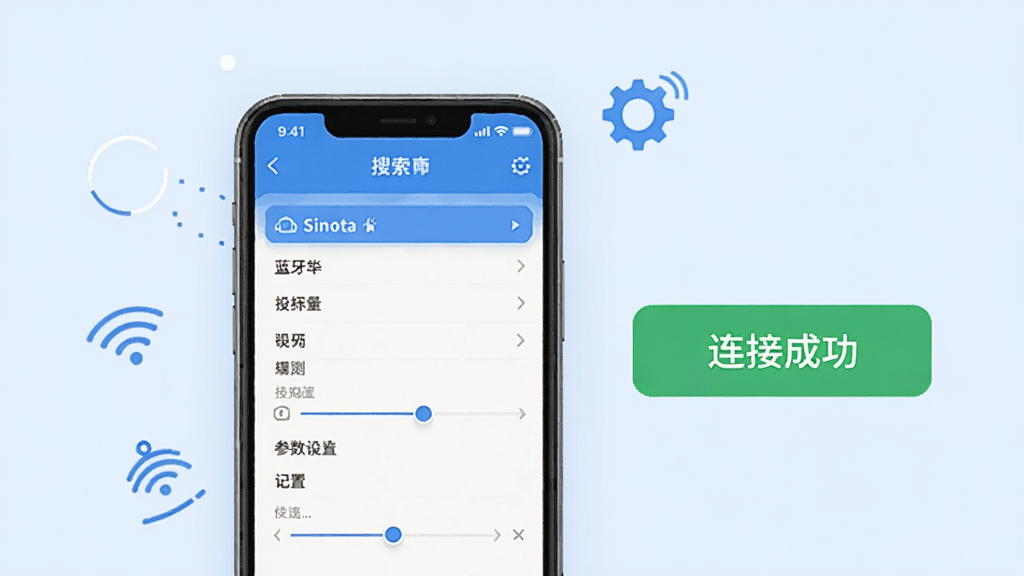 һ��չʾ Sinota BMS �豸������������ý����ͼƬ���ֻ���Ļ��ʾ���������б��Ͳ������û��飬�Ա��С����ӳɹ�������ɫ��ʾ������Ϊ�ɾ���ǳ��ɫ���ֻ���Χ�м򵥵�����ͼ��װ�Σ���������ˬ�������������޶���Ԫ��