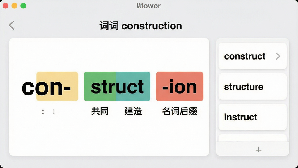 �ʸ���׺Ӣ��ͨ���������ͼ����������չʾ���ʡ�construction������ϸ���ҳ�棬�����ʾ����ƴд���м��ò�ͬ��ɫ��ɫ���ע��con-������struct������-ion���������������塰��ͬ���������족�������ʺ�׺�����Ҳ��г�ͬ�����б��硰construct������structure������instruct����������Ϊ����ִ��Ŀ�Ƭʽ��ƣ�����Ϊǳ��ɫ����������������������Ԫ�ء�