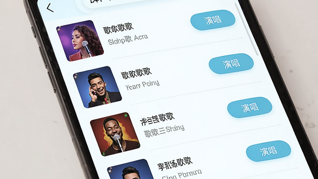 全民唱歌免费歌曲 曲库界面截图,主体为手机屏幕显示歌曲列表,布局为垂直滚动列表,每行包含歌曲封面、歌名、歌手名和演唱按钮,排版整齐,风格为清新浅色系,细节上封面图片多样、文字清晰,画质高清,干净,无多余元素