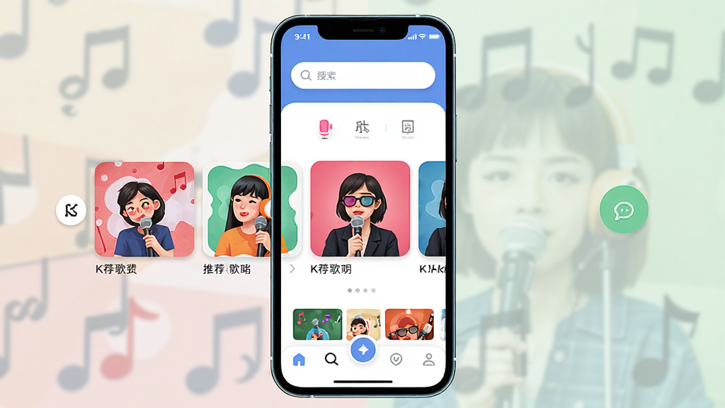 全民唱歌免费歌曲 软件主界面展示,主体为一部智能手机屏幕,屏幕中显示K歌应用首页,布局包含顶部搜索栏、中间推荐歌曲轮播图、底部导航栏,排版清晰整齐,风格为现代简约扁平化设计,细节上歌曲封面色彩鲜艳、按钮图标圆润,画质高清,干净,无多余元素