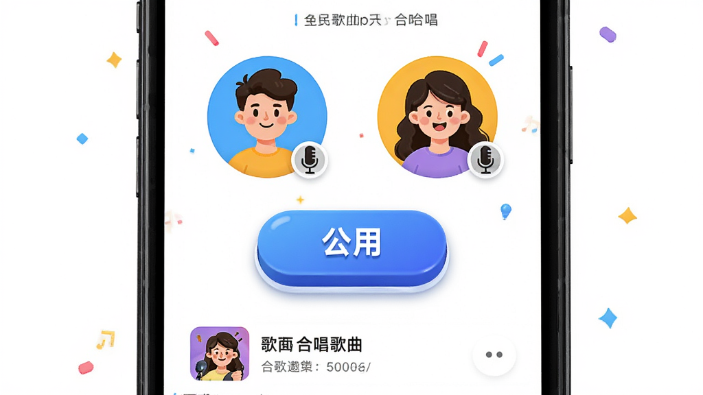 全民唱歌免费歌曲 合唱功能界面,主体为手机屏幕显示合唱邀请页面,布局包含两个圆形头像区域、中间合唱按钮和底部歌曲信息,排版对称,风格为活泼明快配色,细节上头像带有麦克风标识、按钮有立体感,画质高清,干净,无多余元素