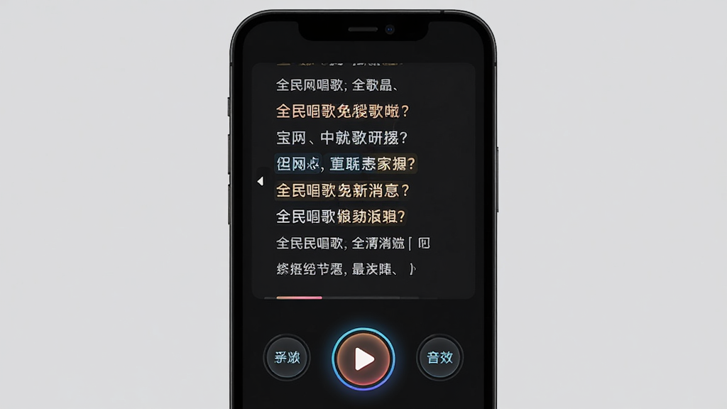 全民唱歌免费歌曲 手机端操作示意图,主体为一部手机展示录音界面,布局包含歌词滚动区、录音按钮和音效切换按钮,排版为上下结构,风格为深色沉浸式界面,细节上歌词高亮显示、按钮带有呼吸灯效果,画质高清,干净,无多余元素