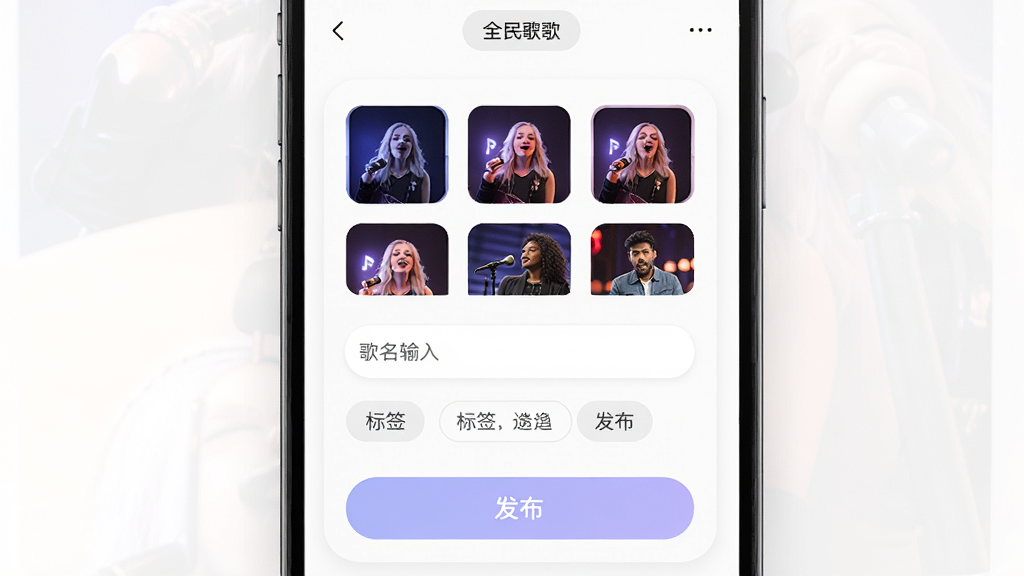 全民唱歌免费歌曲 作品发布页面,主体为手机屏幕显示发布界面,布局包含封面选择区、歌名输入框、标签选择区和发布按钮,排版简洁,风格为柔和圆角卡片设计,细节上封面缩略图排列整齐、按钮色彩柔和,画质高清,干净,无多余元素
