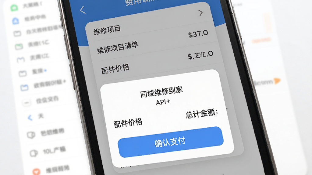 ͬ��ά�޵���APP����ȷ�ϵ������棬�ֻ���Ļ��ʾά����Ŀ�嵥������۸���ܼƽ��·���ȷ��֧����ť������Ϊ��ɫ��Ƭʽ��ƣ������ˬ����ϸ�����������ʸ��壬�޶���Ԫ��