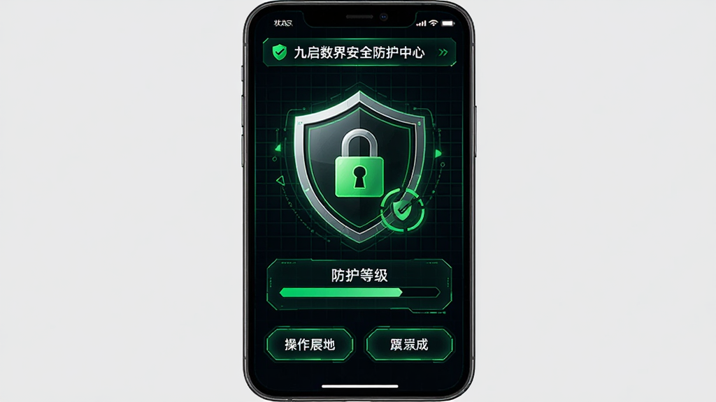 �������簲ȫ�������Ľ��棬����Ϊ�ֻ���Ļ����ʾ�İ�ȫ�����������ͼ�꣬����Ϊ���ĶԳƶ���Ϊ״̬��ʾ�в�Ϊ�����ȼ��ײ�Ϊ������ť�����Ϊ��ɫ�Ƽ��磬ϸ�ڰ�����ɫ��ȫ��ʶ�����񱳾�������߿򣬻���Ϊ���壬�ɾ��޶���Ԫ�ء�