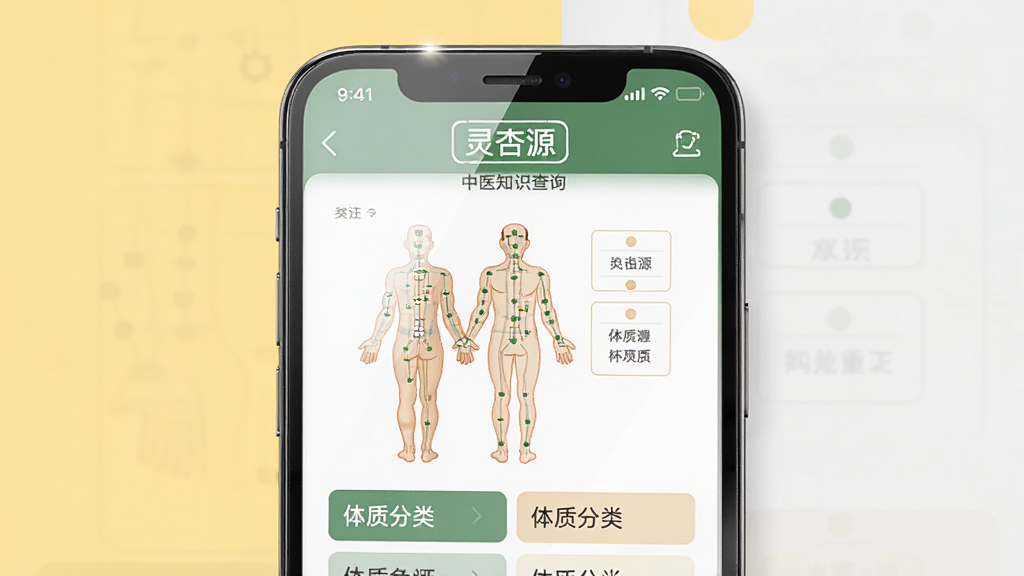 ��������Ϊһ���ֻ����ֻ�������ʾ������Դ����ҽ֪ʶ��ѯҳ�棬ҳ������Ѩλͼ�����ʷ���ѡ�����Ϊ����ɫ��ǳ��ɫ���䣬���ּ�࣬���ΪдʵUIչʾ��ϸ�����ֻ���Ļ����΢���⣬���ʸ��壬�ɾ��޶���Ԫ��
