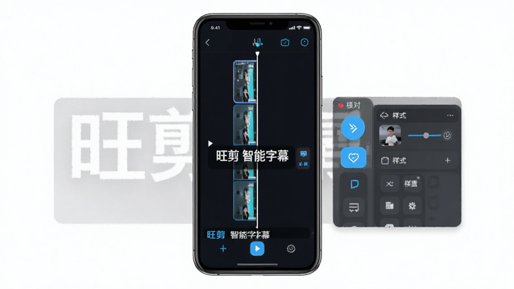 旺剪App智能字幕识别功能界面,手机屏幕显示视频轨道与自动生成的字幕条,字幕文字为“旺剪 智能字幕”,旁边有校对按钮和样式面板,深色界面,科技蓝点缀,居中构图,高清画质,干净无多余元素