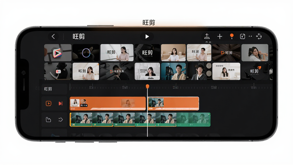 旺剪App多轨道编辑与模板素材库界面,手机横屏显示多条视频轨道,屏幕上方有“旺剪”字样,背景是模板缩略图网格,深色主题,橙色高亮,居中排版,高清画质,干净无多余元素