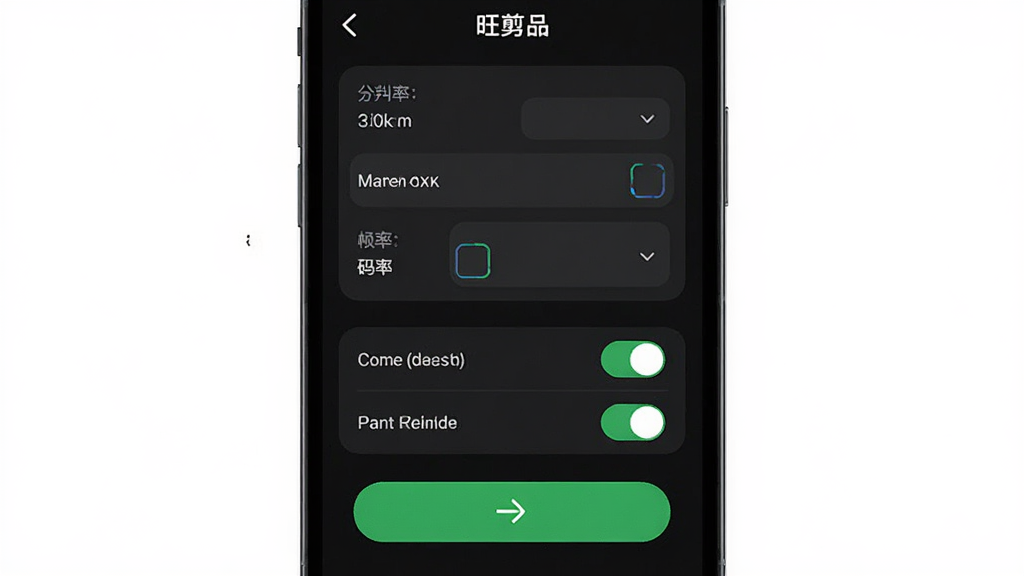 旺剪App导出设置与权限管理界面,手机屏幕显示分辨率、帧率、码率选项,下方有存储路径与权限开关,深色UI,绿色确认按钮,居中布局,高清画质,干净无多余元素