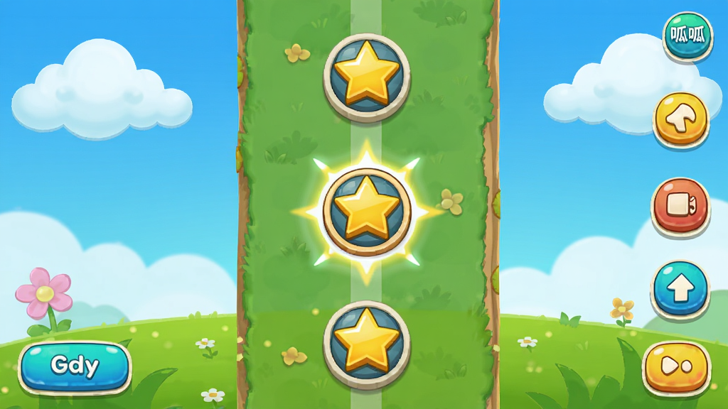 ����ƴ��App�Ĵ�����ϰ���棬����չʾһ���ؿ���ͼ����ͼ���ж��Բ�ιؿ��ڵ㣬��ͨ���Ľڵ���ʾ��ɫ���ǣ���ǰ�ؿ�������˸��������������ƺ���ɫ�ݵأ�����Ϊ�������ʽ�����Ϊ������ϷUI���ϸ�ڰ�����ͨ�ƶ�Ͳ�ɫ��ť����������������������Ԫ�ء�