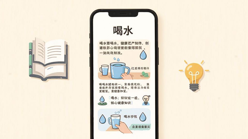 ��ˮ��������֪ʶҳ�棬�ֻ���Ļ��ʾͼ�Ĳ�ï�Ŀ������£��Ա����鱾�͵���ͼ�꣬����Ϊ��ů���װ�ɫ������Ϊ�����ֻ�չʾ����ƽ���廭���ϸ�ڰ������ֶ��䡢ˮ�Ρ�֪ʶͼ�꣬���������ɾ����޶���Ԫ�أ����������ֱ�ע����ˮ��
