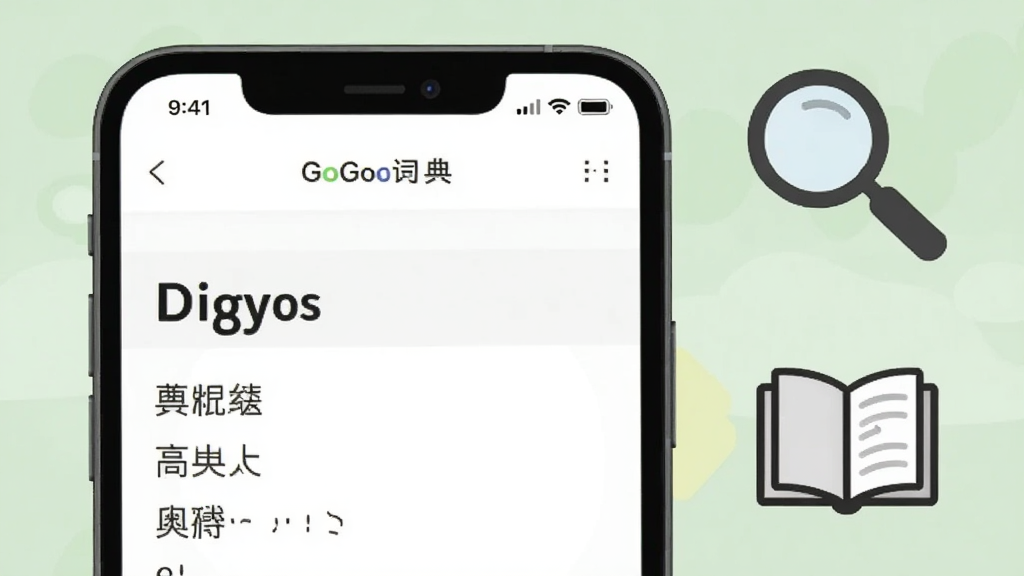 һ��չʾӢ��GoGo�ʵ��ѯ���ܵĽ����ͼ���ͼƬ��������һ���ֻ���ʾ���ʲ�ѯ���ҳ�棬ҳ������Ӣ�ĵ��ʺ��������壬�Ա����зŴ󾵺��鱾ͼ����Ϊװ�Σ�����Ϊ��͵�ǳ��ɫ���������Լ���£����ʸɾ����޶���Ԫ��