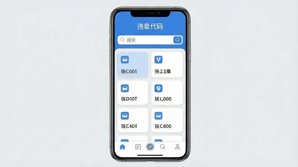 一张手机屏幕正面展示交通违规代码查询软件界面的图片,主体为居中放置的智能手机,屏幕内显示违章代码列表与搜索框,布局采用上下结构,上方为软件名称标题,中部为代码卡片列表,下方为底部导航栏,排版整洁清晰,风格为现代扁平化UI设计,细节包括蓝色主色调、圆角卡片、简洁图标、浅灰背景,画质高清,干净,无多余元素