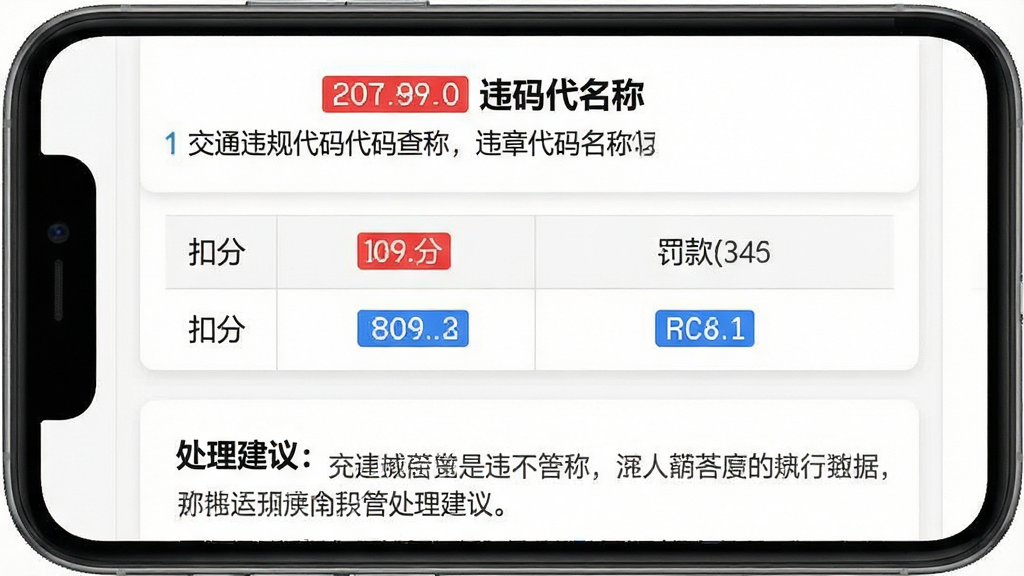 一张交通违规代码查询软件详情页截图,主体为手机屏幕内展示违章代码详情,布局采用卡片式上下结构,上方为代码与名称,中部为扣分与罚款信息表格,下方为处理建议文字,排版规整,风格为商务简约移动端设计,细节包括红色标注扣分、蓝色标注罚款、灰色辅助说明文字,画质高清,干净,无多余元素