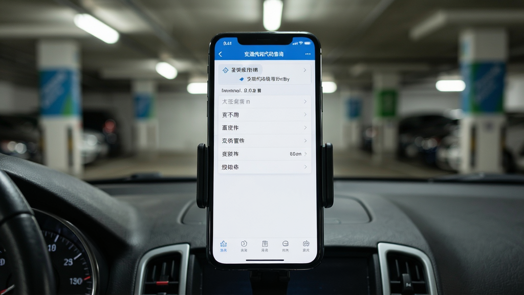 一张展示交通违规代码查询软件离线使用场景的图片,主体为手机放置在车内支架上,屏幕显示查询界面,背景为地下车库环境,布局为手机居中、背景虚化,排版突出手机屏幕内容,风格为写实摄影风格,细节包括车内光线、手机屏幕亮度、界面清晰可见,画质高清,干净,无多余元素