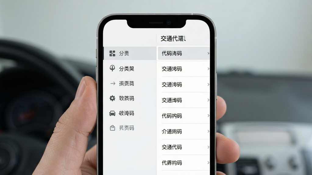 一张交通违规代码查询软件分类浏览界面图,主体为手机屏幕展示分类目录,布局为左侧分类导航与右侧代码列表的左右结构,排版清晰,风格为极简素雅移动端设计,细节包括分类图标、层级缩进、选中高亮状态、浅色背景,画质高清,干净,无多余元素