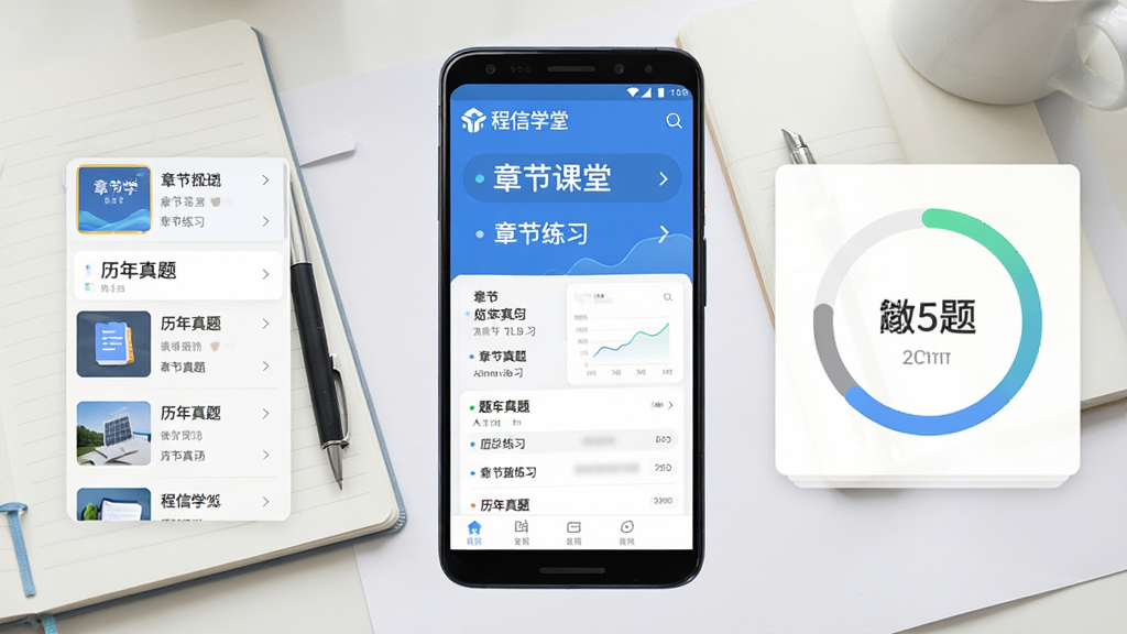 程信学堂手机应用主界面展示,画面中央是一部竖屏安卓手机,手机屏幕上显示在线课堂与题库练习板块,背景是简洁的书桌场景,桌上放着笔记本和笔,整体布局为手机居中、左侧显示课程列表缩略图、右侧显示做题进度环形图,排版干净整齐,风格为现代扁平化教育类App宣传图,细节包括屏幕内文字“程信学堂”“章节练习”“历年真题”清晰可见,画质高清,画面干净,无多余元素