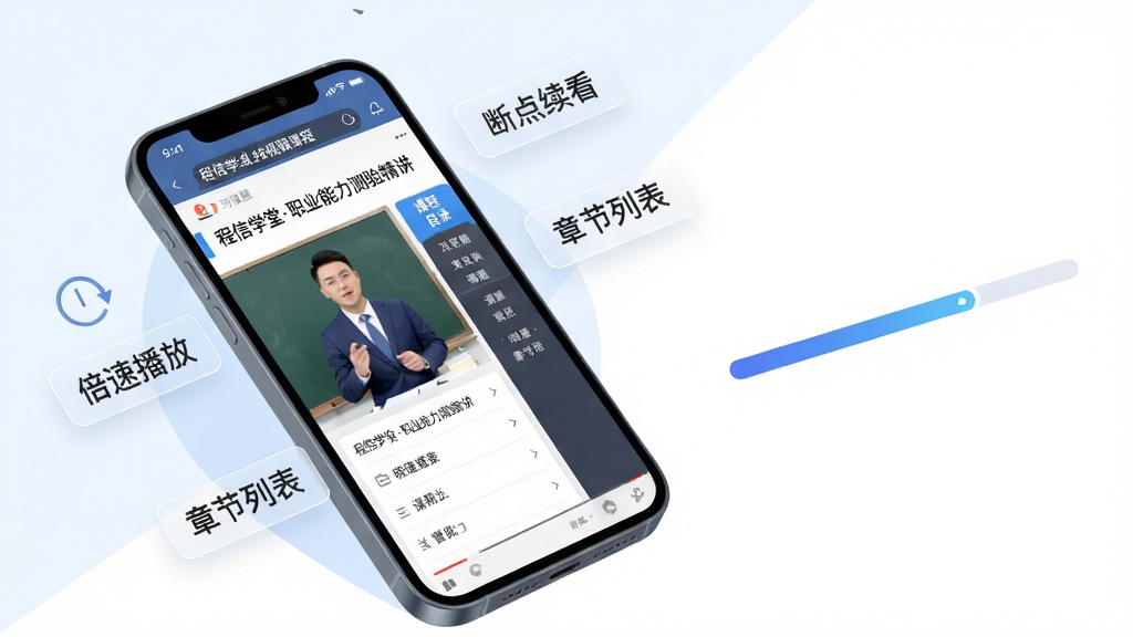 程信学堂在线视频课程学习场景插画,画面主体是一台打开课程播放页面的手机,屏幕中显示讲师授课画面与课程目录侧栏,手机周围漂浮着“倍速播放”“断点续看”“章节列表”等半透明标签,布局为手机斜放在画面中央偏左,右侧留白处放置课程进度条图形,排版采用对角线构图,风格为清爽的在线教育宣传插画,细节包括屏幕内课程标题文字“程信学堂职业能力测验精讲”,画质高清,画面干净,无多余元素