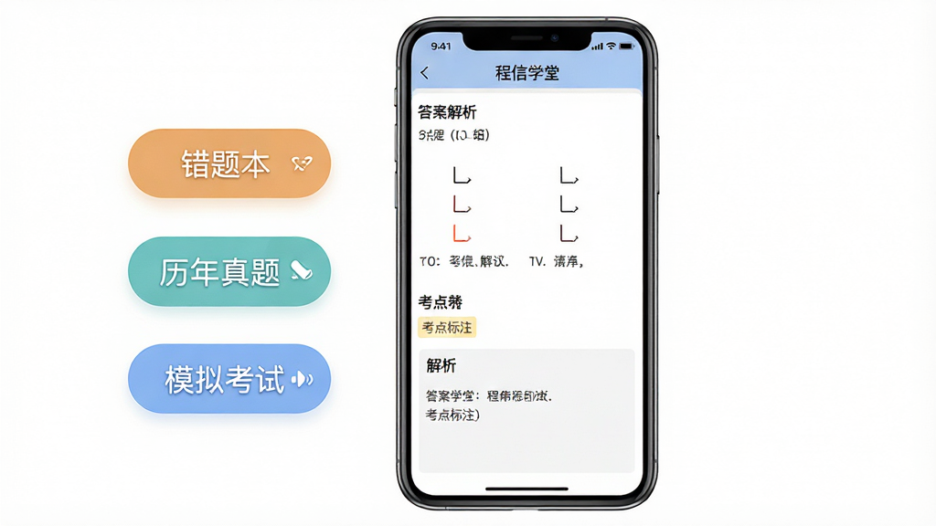 程信学堂题库练习界面展示图,画面中央是一部手机,屏幕上显示一道选择题及下方解析区域,手机左侧悬浮着“错题本”“历年真题”“模拟考试”三个圆角按钮,布局为手机居中、按钮沿左侧垂直排列,排版简洁对称,风格为扁平化工具类App界面展示,细节包括屏幕内文字“程信学堂”“答案解析”“考点标注”清晰可读,画质高清,画面干净,无多余元素
