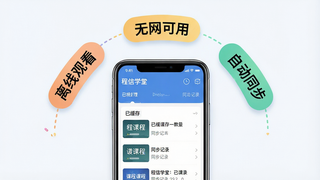 程信学堂离线缓存功能展示图,画面中央是一部手机,屏幕上显示下载管理列表与已缓存课程条目,手机上方漂浮着“离线观看”“无网可用”“自动同步”三个标签,布局为手机居中、标签呈弧形环绕,排版活泼但不杂乱,风格为轻量化教育类App功能宣传图,细节包括屏幕内文字“程信学堂”“已缓存”“同步记录”清晰可辨,画质高清,画面干净,无多余元素