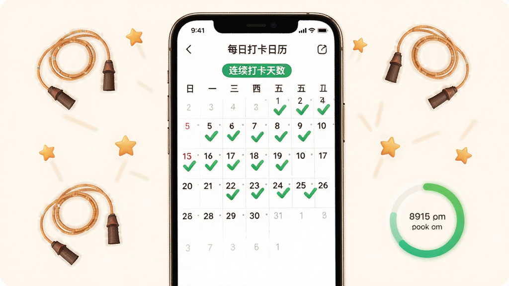 打卡锻炼跳绳多多软件的每日打卡日历界面,主体为手机屏幕上的月历视图,日历中多个日期带有绿色对勾标记,布局为手机居中,周围点缀小跳绳和星星图标,排版整齐清晰,风格为温馨激励风,细节包括连续打卡天数标签和进度环,画质清晰,画面干净,无多余元素