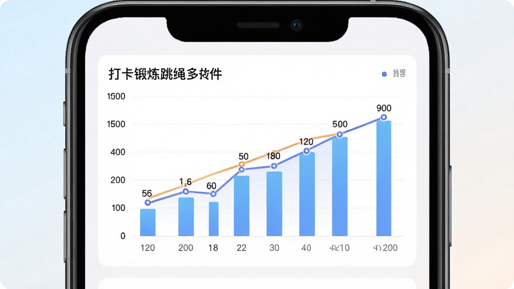 打卡锻炼跳绳多多软件的数据统计页面,主体为手机屏幕显示柱状图和折线图,图表展示每周跳绳数量变化,布局为手机正面展示,背景为浅色渐变,排版突出图表区域,风格为数据可视化简洁风,细节包括坐标轴标签和数据点,画质清晰,画面干净,无多余元素