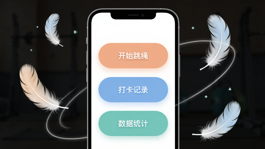 打卡锻炼跳绳多多软件的轻量简洁主界面,主体为手机屏幕显示三个大按钮分别为开始跳绳、打卡记录和数据统计,布局为手机居中,周围环绕轻盈的羽毛和运动线条,排版极简,风格为清新简约风,细节包括圆角按钮和柔和配色,画质清晰,画面干净,无多余元素