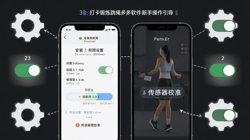 打卡锻炼跳绳多多软件的新手操作引导界面,主体为手机屏幕展示安装权限设置和传感器校准步骤,布局为手机居中,周围环绕齿轮图标和权限开关图标,排版分步骤展示,风格为教程指引风,细节包括权限开关、校准进度条和提示文字,画质清晰,画面干净,无多余元素