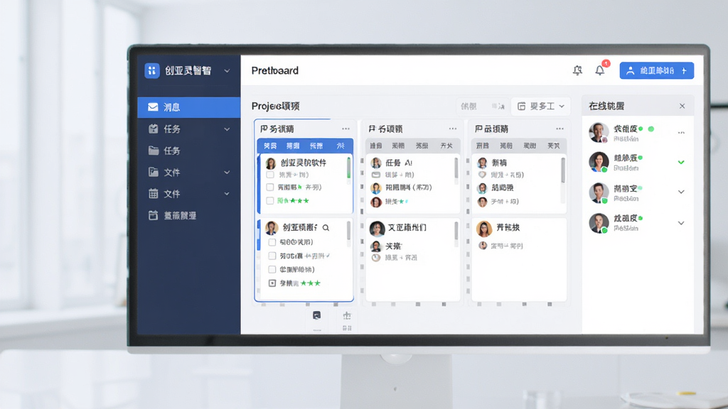 创亚灵智软件主界面截图,画面中央展示一个现代化办公协作平台,左侧为功能导航栏,包含消息、任务、文件、日程等图标,右侧为主工作区显示项目看板与成员在线状态,整体采用蓝白配色,界面干净整洁,风格简约商务,细节清晰,画质高清,无多余元素