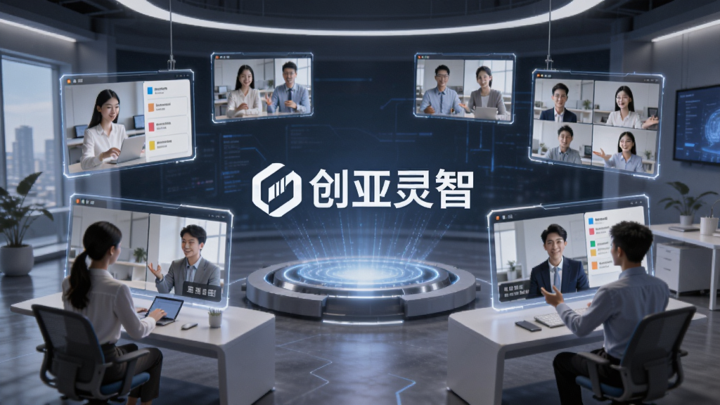 创亚灵智一体化协作空间概念图,画面展示一个虚拟办公场景,多个团队成员通过悬浮屏幕进行实时沟通与任务协作,中央有醒目的创亚灵智标志,布局层次分明,风格科技感十足,细节丰富,画质清晰,干净无多余元素