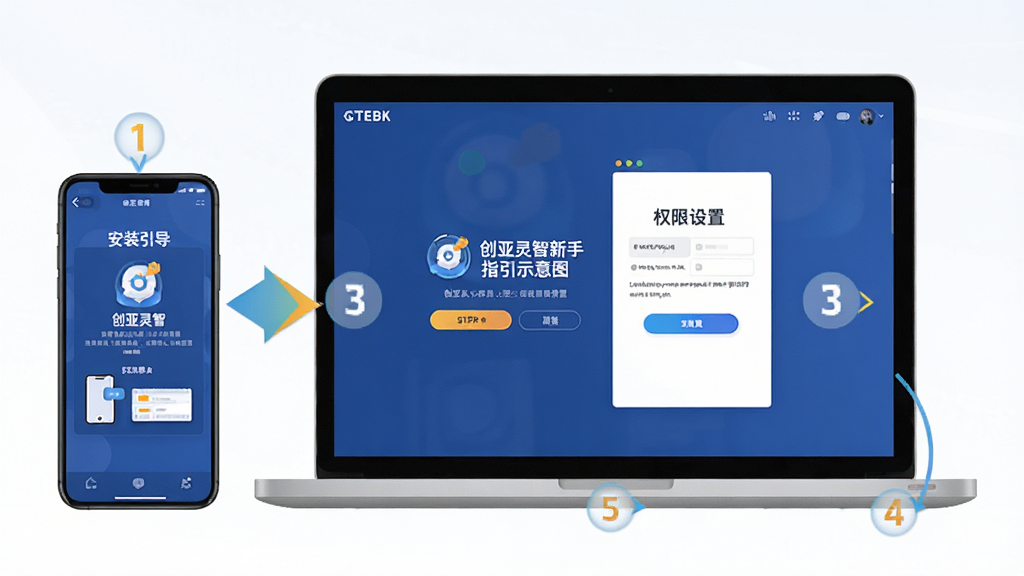 创亚灵智新手操作指引示意图,画面展示一部智能手机和一台笔记本电脑,屏幕上分别显示创亚灵智的安装引导页面与权限设置界面,旁边有清晰的步骤编号和箭头指示,风格扁平化,配色明快,细节清晰,画质高清,无多余元素