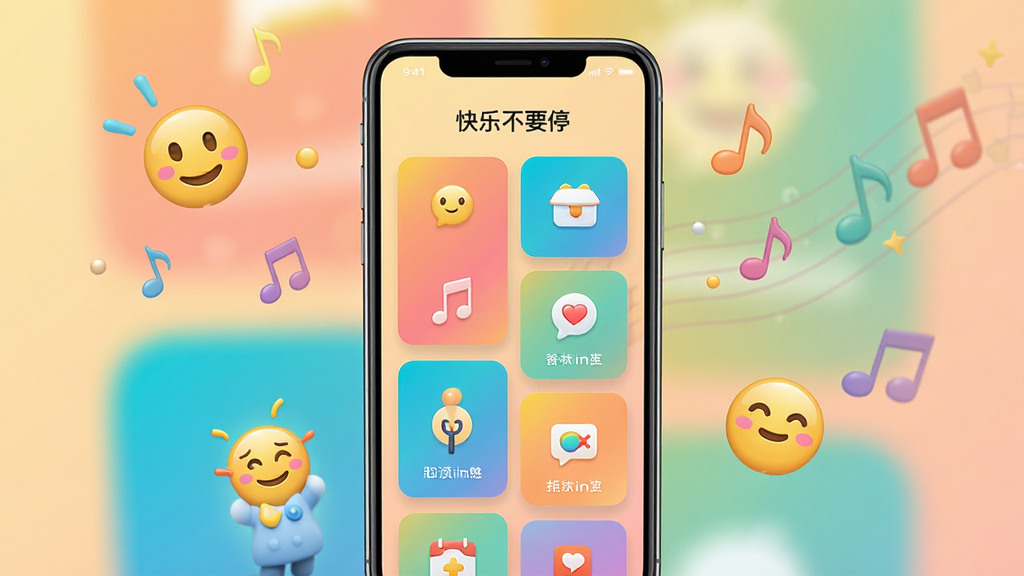 一张明亮清新的手机应用界面展示图,画面主体是一部竖屏智能手机,屏幕中显示快乐不要停的首页布局,包含多个彩色功能卡片和趣味互动图标,背景为柔和的渐变暖色调,周围点缀微笑表情和音符元素,整体风格活泼现代,排版居中构图,细节清晰,画质干净,无多余元素