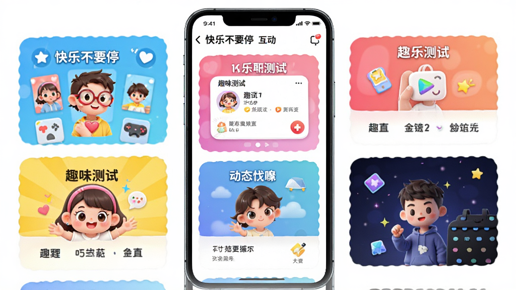 一张展示快乐不要停应用内多个趣味功能卡片的生图,画面以手机屏幕为主体,屏幕中排列着快乐不要停的互动小游戏、趣味测试和动态壁纸入口,色彩鲜艳明快,布局整齐,风格清新活泼,细节精致,画质清晰,无多余元素