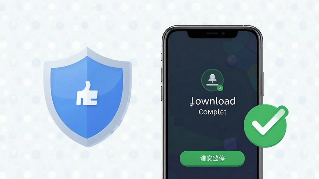 一张手机安全下载安装快乐不要停的步骤示意图,画面展示手机屏幕上显示下载完成和安装界面,旁边有盾牌安全图标和绿色对勾,背景简洁干净,风格清新直观,主体突出,细节清晰,画质干净,无多余元素