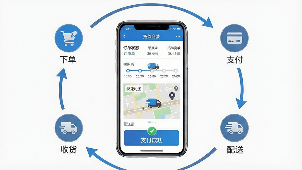一幅展示订单管理流程的信息图,画面以手机屏幕为中心,屏幕中显示“拓邻商城”的订单详情页,包含订单状态时间轴、配送地图和支付成功标识。手机周围用箭头连接着“下单”、“支付”、“配送”、“收货”四个图标,形成闭环流程。布局采用环形结构,手机位于中心。风格为简约商务风,色彩以蓝色和灰色为主。细节上,时间轴节点清晰,地图上有移动的小车图标。画质高清,画面干净,无多余元素。