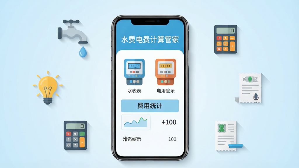画面中央放置一部智能手机,屏幕显示“水费电费计算管家”应用主界面,界面中有水表、电表图标和费用统计数字,手机周围环绕水龙头、灯泡、计算器、账单等小图标,布局为居中放射状,排版简洁清晰,风格为扁平化科技风,细节上图标带有轻微阴影,背景为淡蓝色渐变,画质为高清1080P,干净,无多余元素