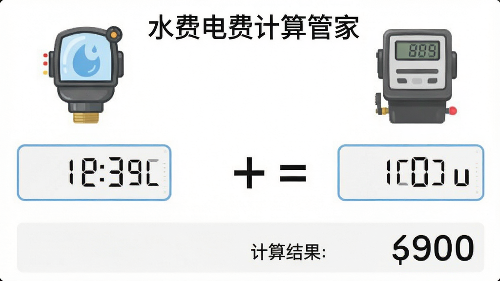 画面展示“水费电费计算管家”的读数录入界面,左侧为水表图标和数字输入框,右侧为电表图标和数字输入框,中间有加号和等号连接,下方显示计算结果区域,布局为左右对称,排版整齐,风格为现代简约,细节上数字清晰可辨,背景为白色,画质高清,干净,无多余元素