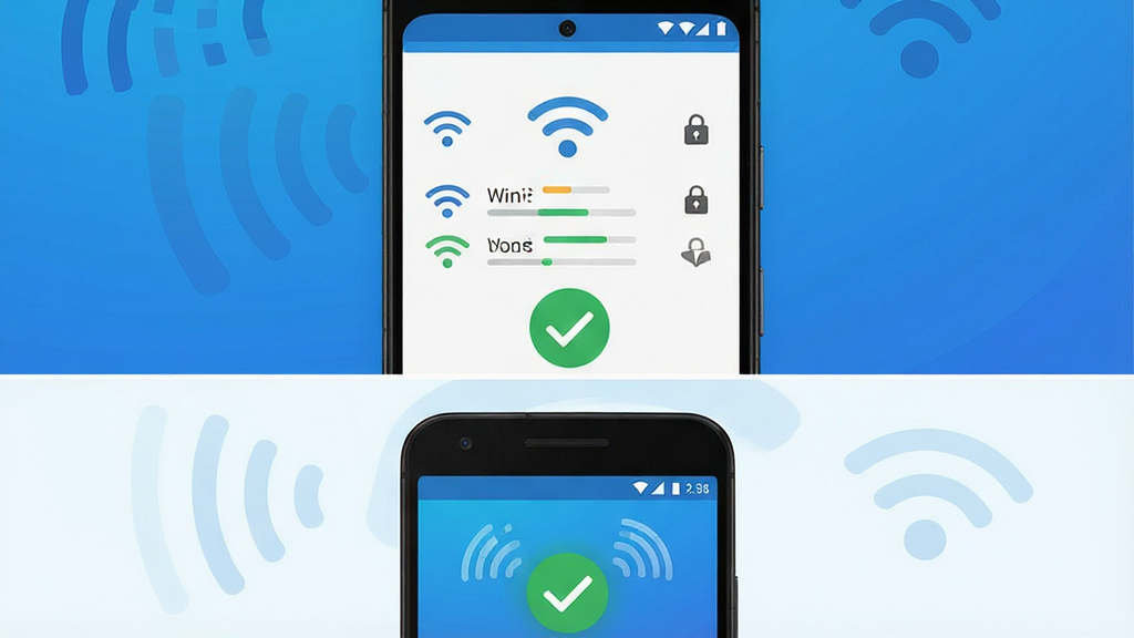 һ��չʾ����WiFi����Կ��������ɫ��ʾ��ͼ�������Ϊ���������֣��ϰ벿��չʾ�ֻ��Զ�ɨ���ܱ�WiFi�ȵ㲢�г��ź�ǿ������Ľ��棬�°벿��չʾһ�����ӳɹ��Ķ���Ч����������һ����׿�ֻ�������Ϊ���½ṹ���ֻ����У��Ű����������Ϊ�Ƽ��������ƽ����ϸ�ڰ���WiFi�źŸ�ͼ�ꡢ���ΰ�ȫ��ʶ�����ӳɹ�����ɫ�Թ������ʸ��塢����ɾ����޶���Ԫ��