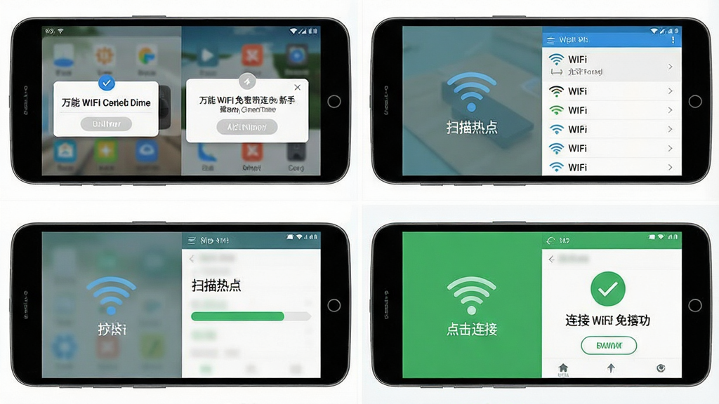 һ��չʾ����WiFi����Կ�����ֲ��������ʾ��ͼ������Ϊһ����׿�ֻ���Ļ����Ļ���Էֲ�ͼʾչʾ�Ӵ�����������Ȩ�ޡ�ɨ���ȵ㵽������ӳɹ����ĸ����裬����Ϊ�ֻ������ͼ��񣬲���Ϊ�ĸ�־����У��Ű��������򣬷��Ϊ�������ı�ƽ����ƣ�ϸ�ڰ���Ȩ�޵�����WiFi�б������ӽ��������ɹ���ʾͼ�꣬���ʸ��塢����ɾ����޶���Ԫ��