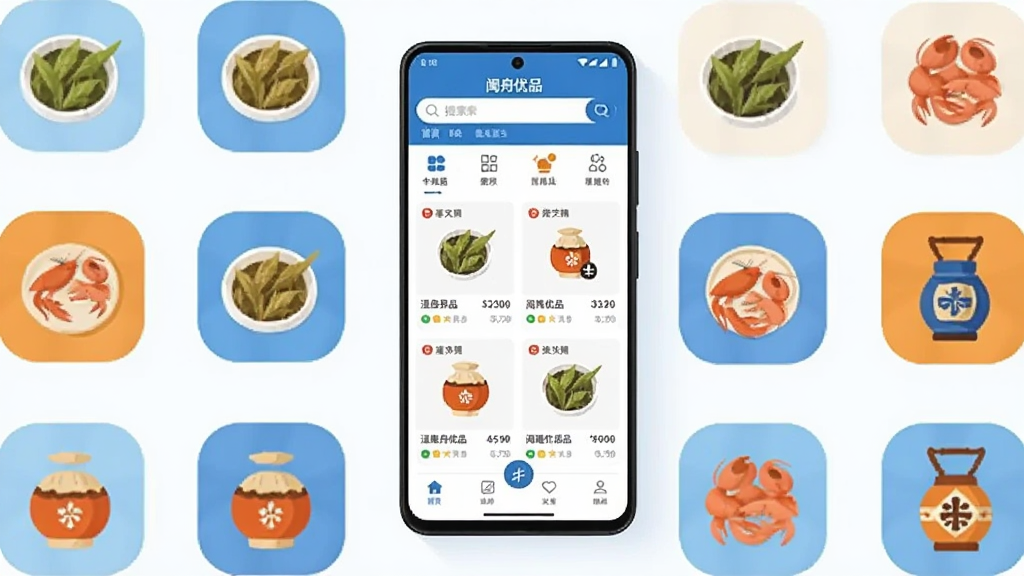 ��������չʾһ��������׿�ֻ�����Ļ����ʾ��������Ʒ��APP��ҳ���棬ҳ�涥���������������ͼ�꣬�в�Ϊ��Ʒ��Ƭ�б����ײ�Ϊ���������ֻ���Χ���Ƹ�����ɫ��Ʒ���Ҷ�����ʸɻ�������Ʒ��Сͼ�ꣻ������ñ�ƽ���廭���ɫ��������Ϊ������ů��ɫ��׺�������ɾ���࣬����������ͣ������������޶�������Ԫ�ء�
