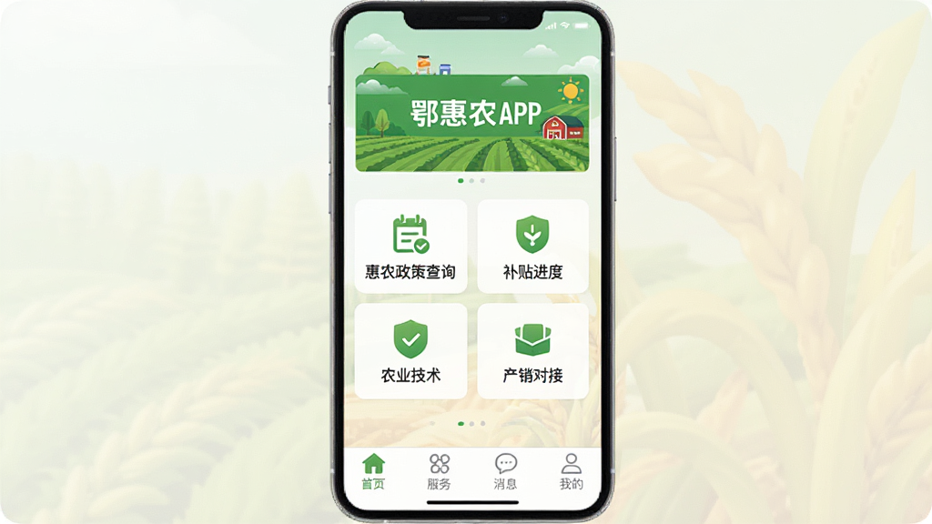 �ֻ���Ļ����ʾ����ũAPP�����棬������Ƽ����ˬ������Ϊ��ɫũҵ���������в����л�ũ���߲�ѯ���������ȡ�ũҵ�����������Խӵȹ���ģ��ͼ�꣬�ײ�������������ҳ��������Ϣ���ҵ��ĸ�ѡ�����Ϊǳɫ���䣬�������ִ���ƽ�������������ɾ����޶���Ԫ��